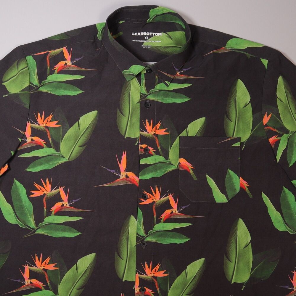 Bearbottom Hawaiian Shirt Men’s XL Bird of Paradise Black Floral Cabana